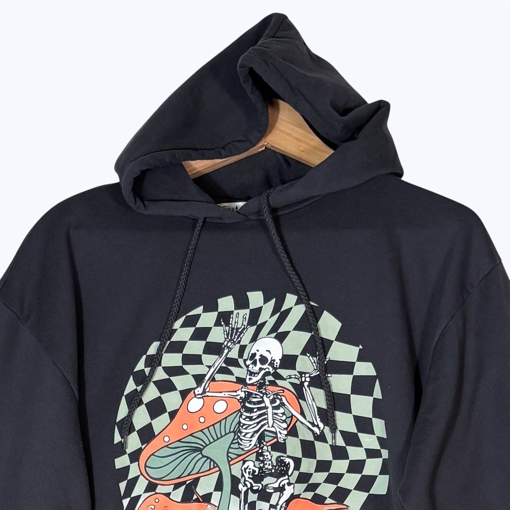 Mushroom & Skeleton Graphic Hoodie‎ Sz M Cut & Paste Psychedelic Checkerboard